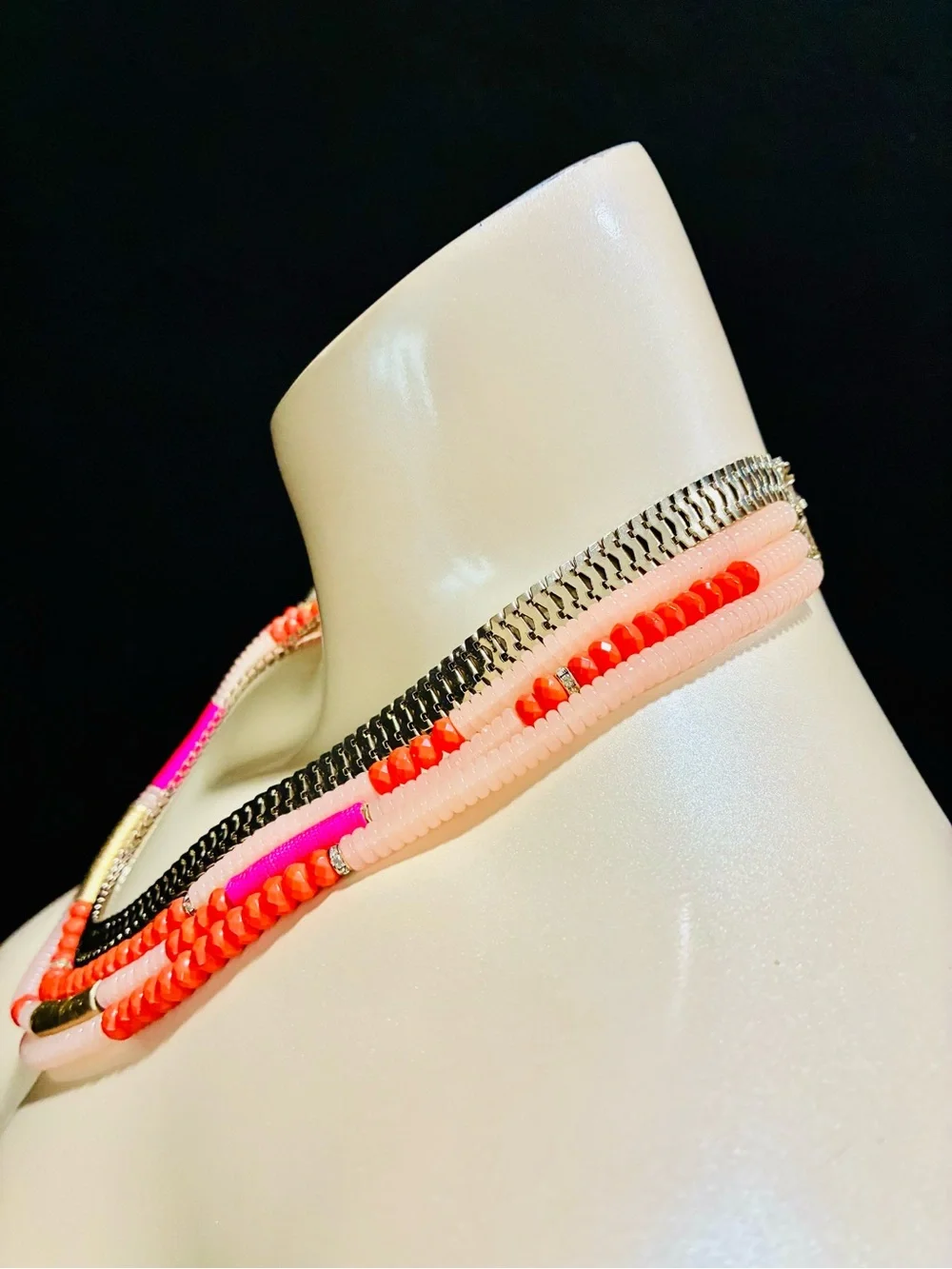 Layered Pink & Coral Beaded Statement Necklace with Gold Accents